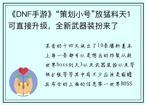 《DNF手游》“策划小号”放猛料天1可直接升级，全新武器装扮来了