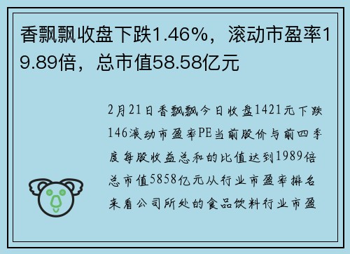 香飘飘收盘下跌1.46%，滚动市盈率19.89倍，总市值58.58亿元