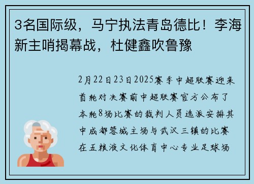 3名国际级，马宁执法青岛德比！李海新主哨揭幕战，杜健鑫吹鲁豫