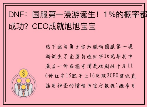DNF：国服第一漫游诞生！1%的概率都成功？CEO成就旭旭宝宝