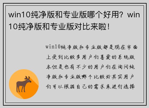 win10纯净版和专业版哪个好用？win10纯净版和专业版对比来啦！