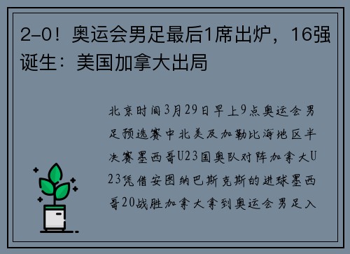 2-0！奥运会男足最后1席出炉，16强诞生：美国加拿大出局