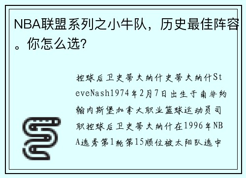 NBA联盟系列之小牛队，历史最佳阵容。你怎么选？
