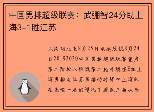 中国男排超级联赛：武弸智24分助上海3-1胜江苏
