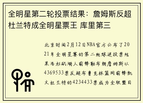 全明星第二轮投票结果：詹姆斯反超杜兰特成全明星票王 库里第三