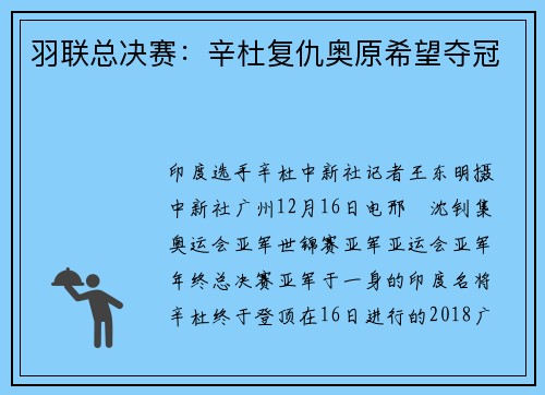 羽联总决赛：辛杜复仇奥原希望夺冠
