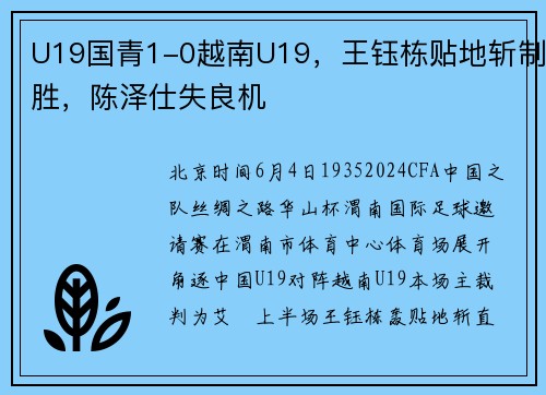U19国青1-0越南U19，王钰栋贴地斩制胜，陈泽仕失良机