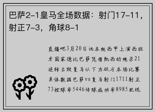 巴萨2-1皇马全场数据：射门17-11，射正7-3，角球8-1